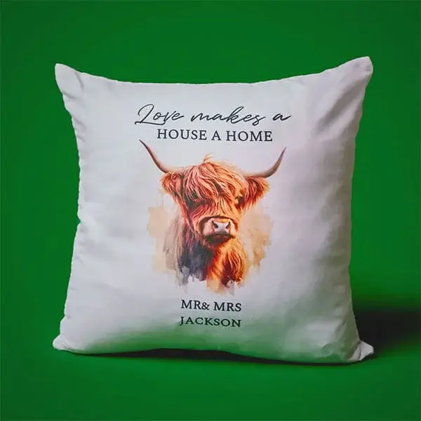 Personalised cushion featuring a Highland cow illustration and custom family name, displayed against a green background.